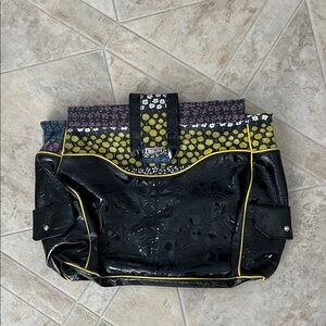 Miche Black Patent Tote with Yellow Trim and Multicolor Pattern Accents
